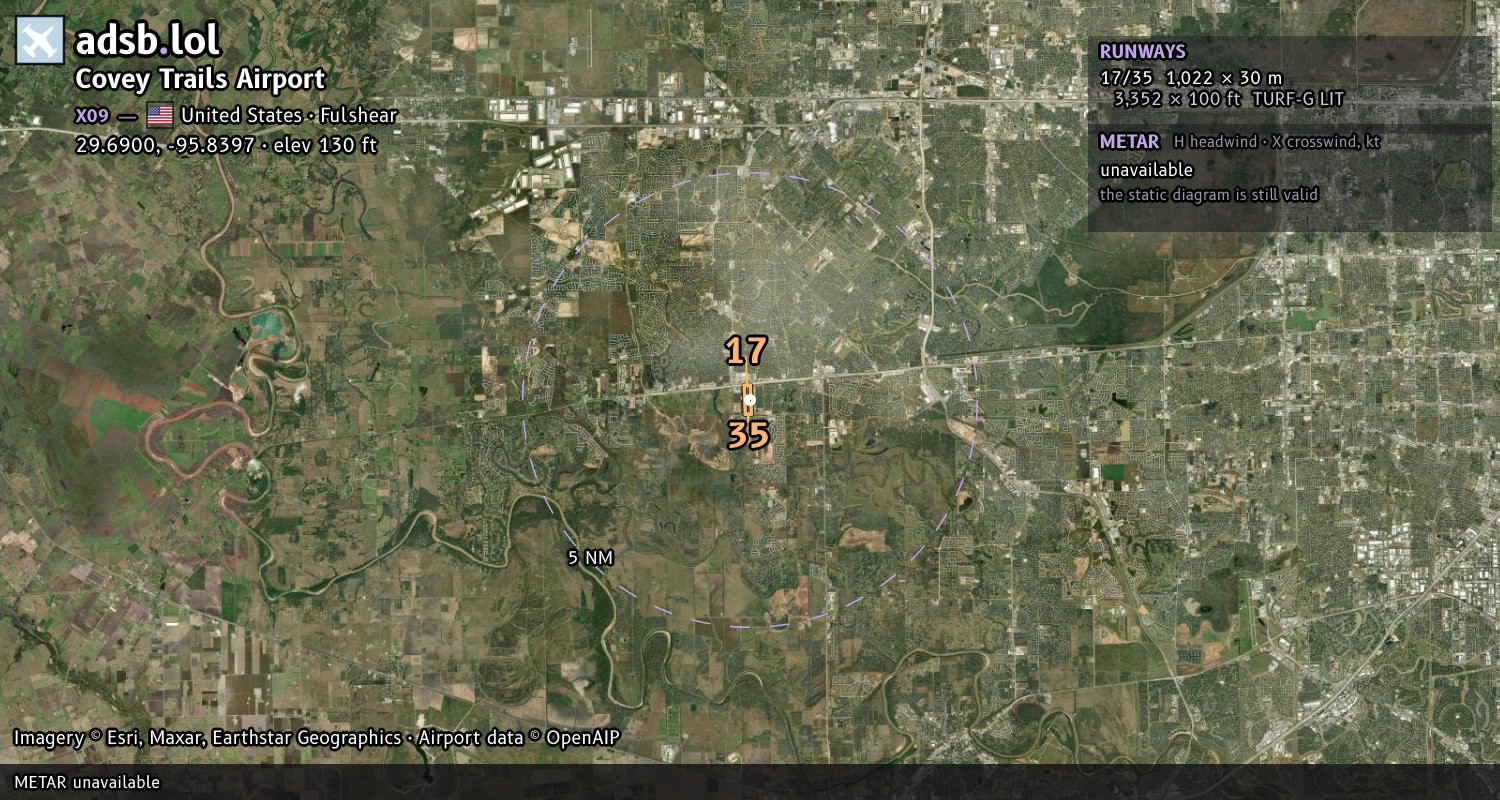 Satellite map with the runway layout of Covey Trails Airport (X09)