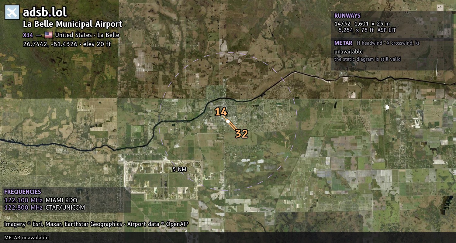 Satellite map with the runway layout of La Belle Municipal Airport (X14)