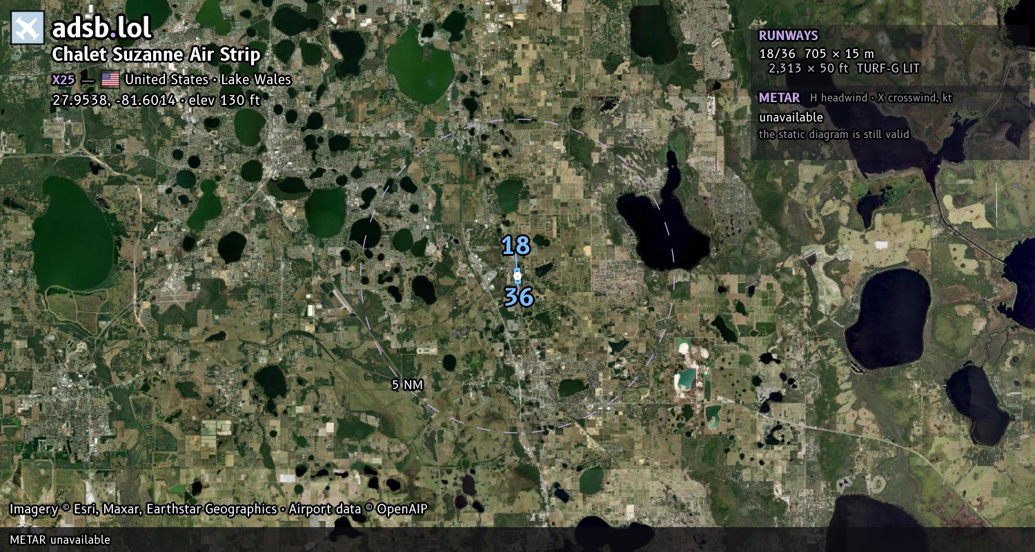 Satellite map with the runway layout of Chalet Suzanne Air Strip (X25)