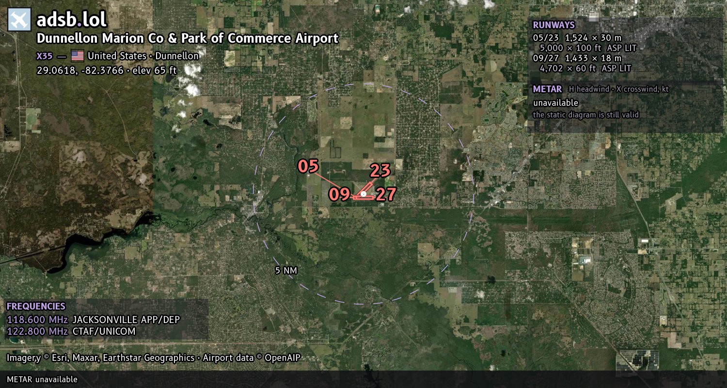 Satellite map with the runway layout of Dunnellon Marion Co & Park of Commerce Airport (X35)