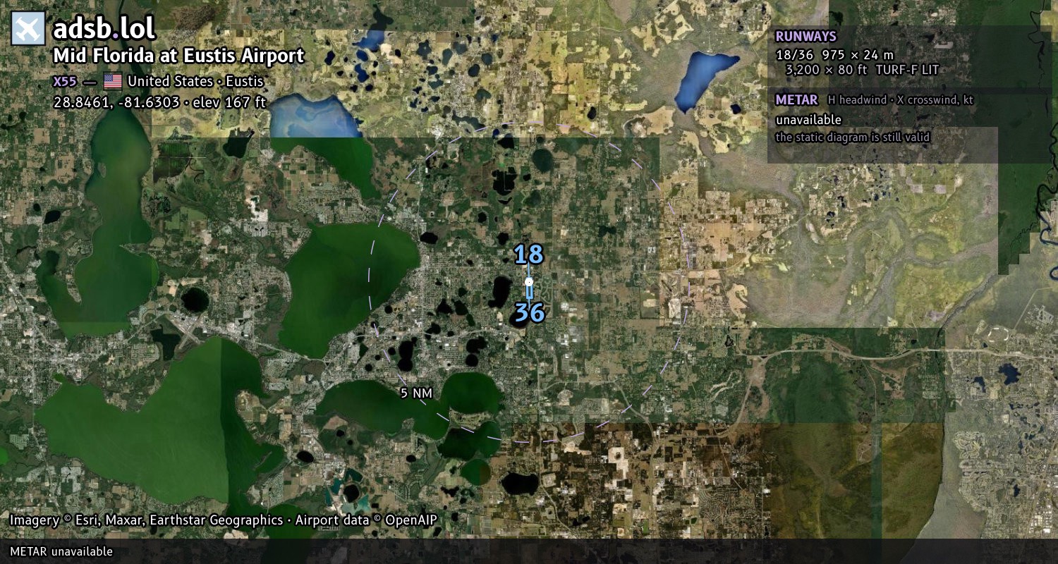 Satellite map with the runway layout of Mid Florida at Eustis Airport (X55)