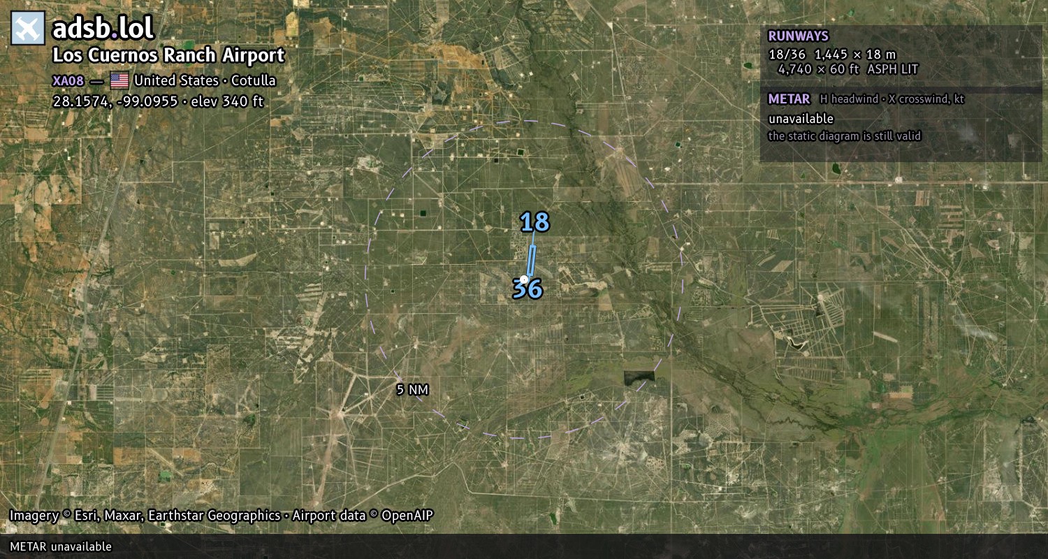 Satellite map with the runway layout of Los Cuernos Ranch Airport (XA08)