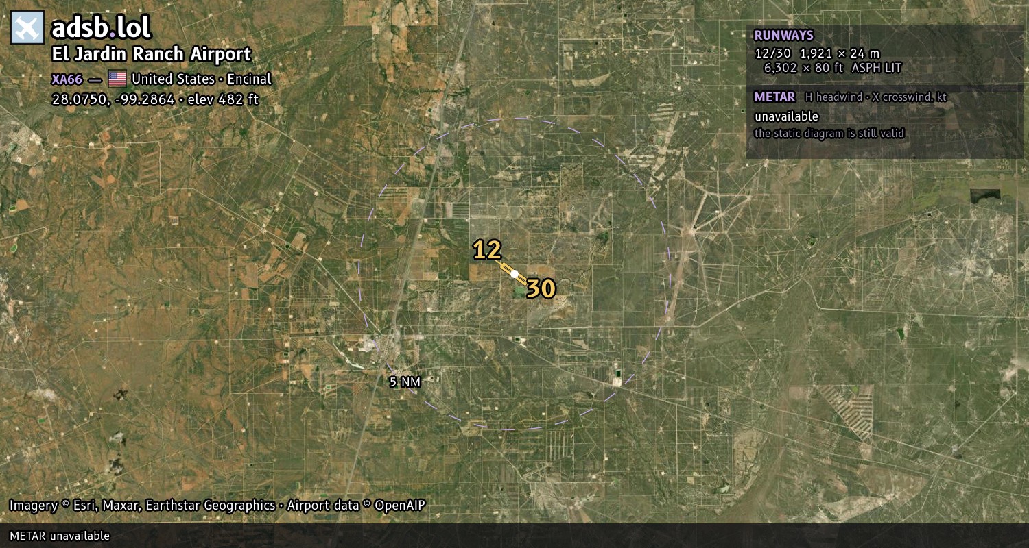 Satellite map with the runway layout of El Jardin Ranch Airport (XA66)
