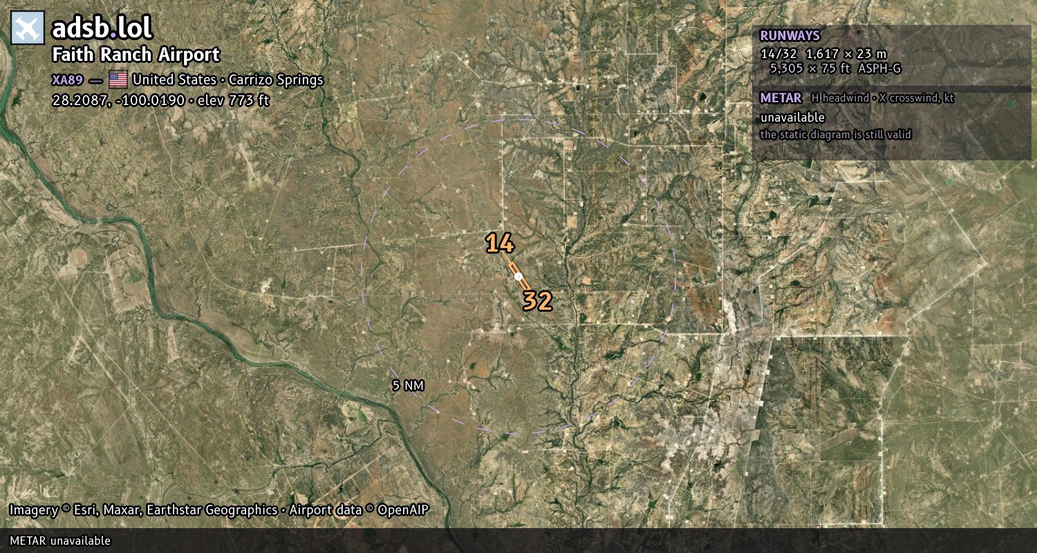 Satellite map with the runway layout of Faith Ranch Airport (XA89)