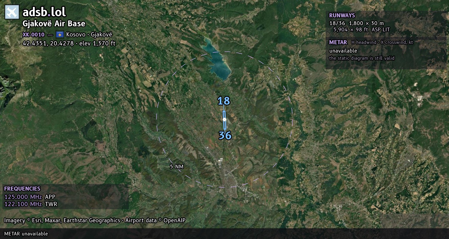 Satellite map with the runway layout of Gjakovë Air Base (XK-0010)