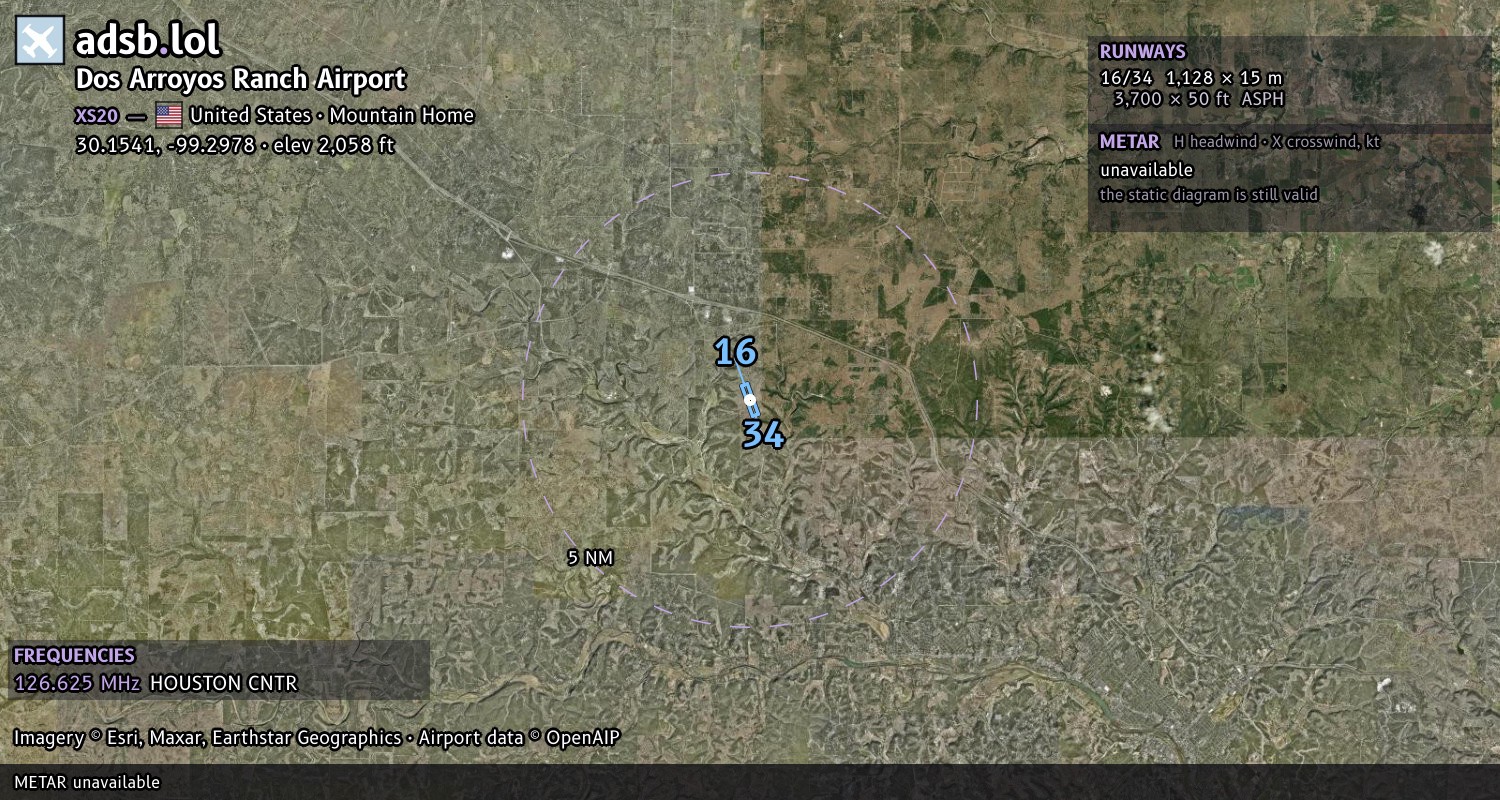 Satellite map with the runway layout of Dos Arroyos Ranch Airport (XS20)