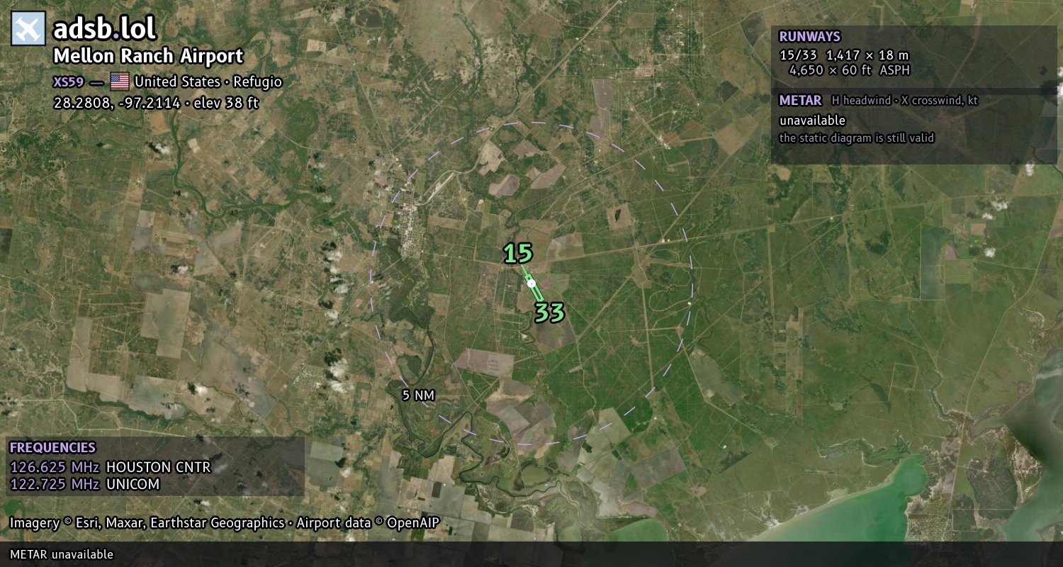 Satellite map with the runway layout of Mellon Ranch Airport (XS59)