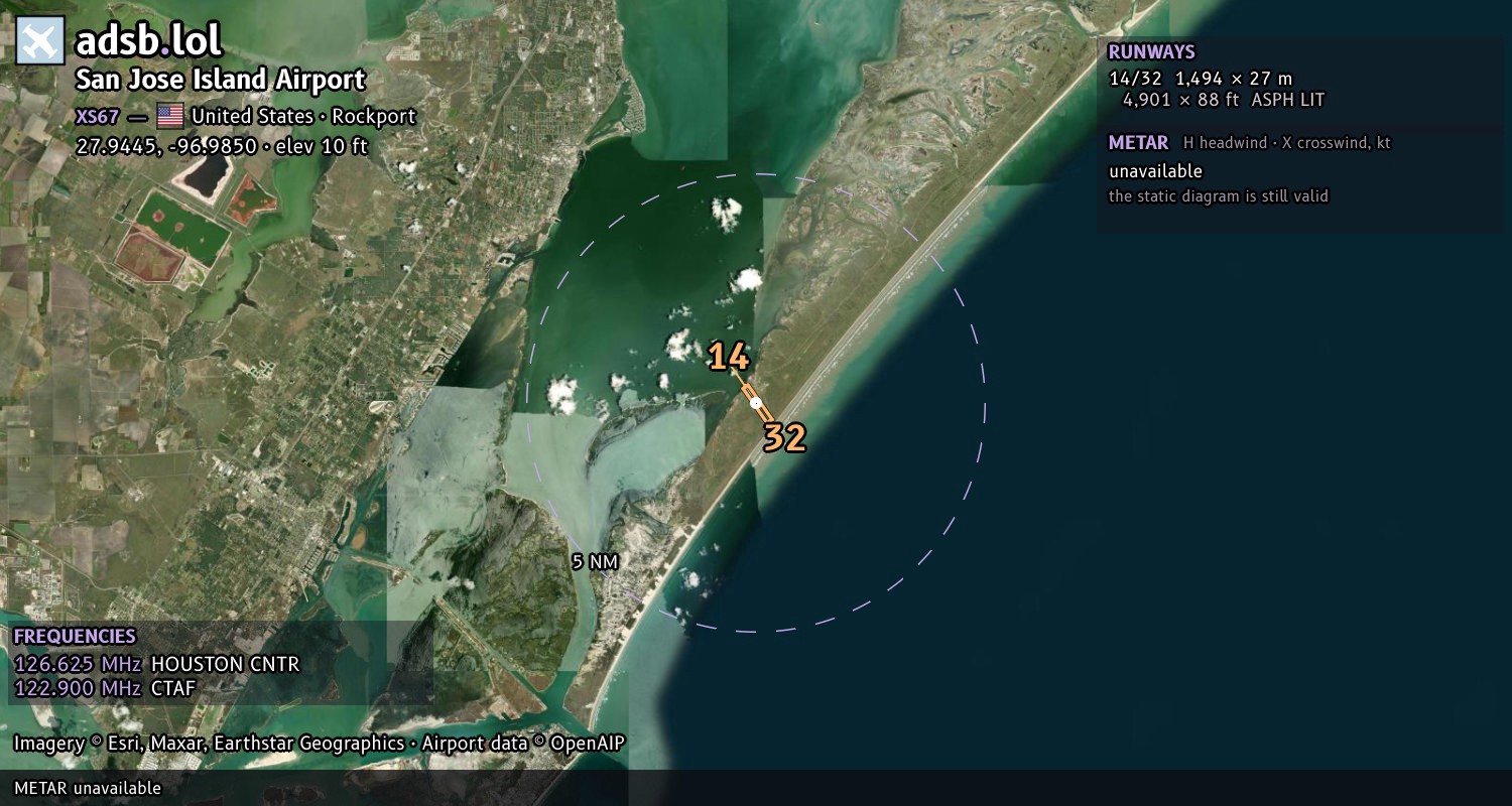 Satellite map with the runway layout of San Jose Island Airport (XS67)