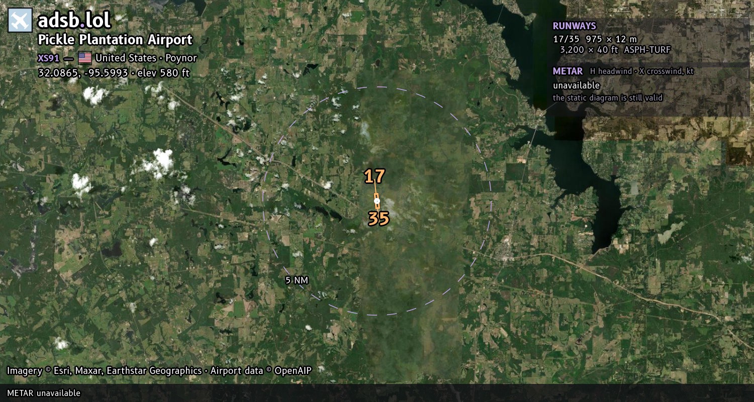Satellite map with the runway layout of Pickle Plantation Airport (XS91)