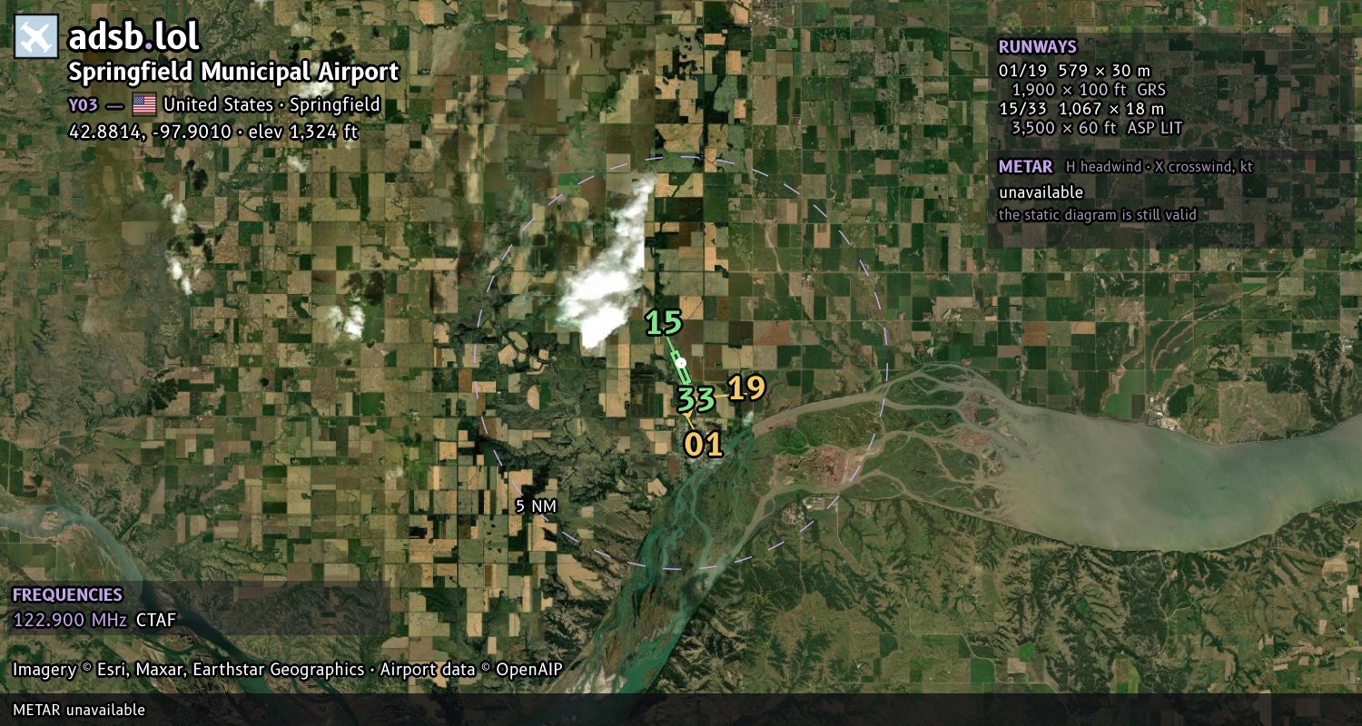 Satellite map with the runway layout of Springfield Municipal Airport (Y03)