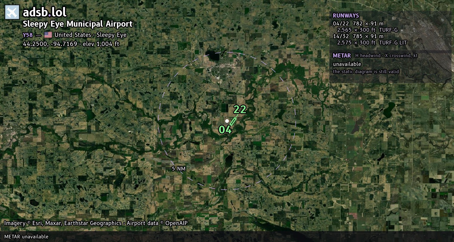 Satellite map with the runway layout of Sleepy Eye Municipal Airport (Y58)