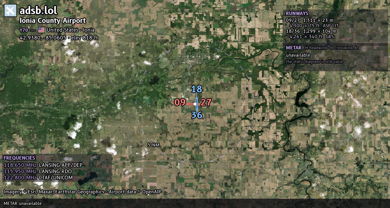 Satellite map with the runway layout of Ionia County Airport (Y70)