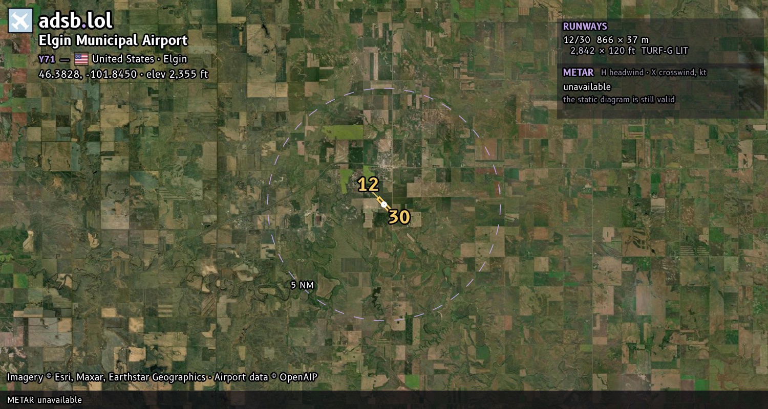 Satellite map with the runway layout of Elgin Municipal Airport (Y71)