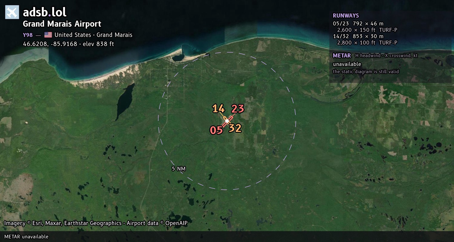Satellite map with the runway layout of Grand Marais Airport (Y98)
