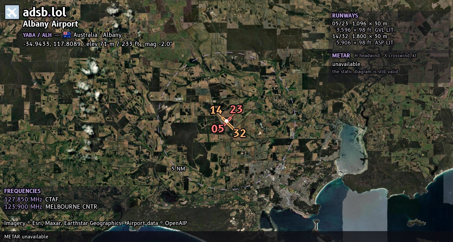 Satellite map with the runway layout of Albany Airport (YABA)