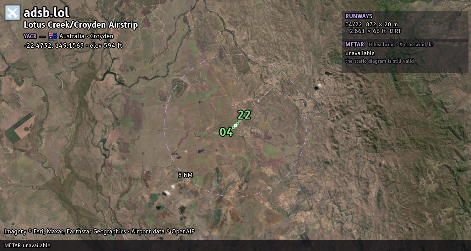 Satellite map with the runway layout of Lotus Creek/Croyden Airstrip (YACR)