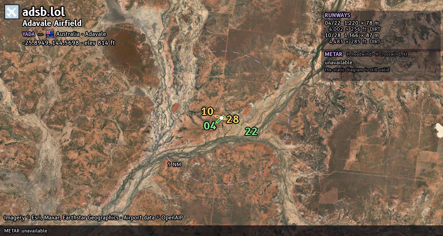 Satellite map with the runway layout of Adavale Airfield (YADA)