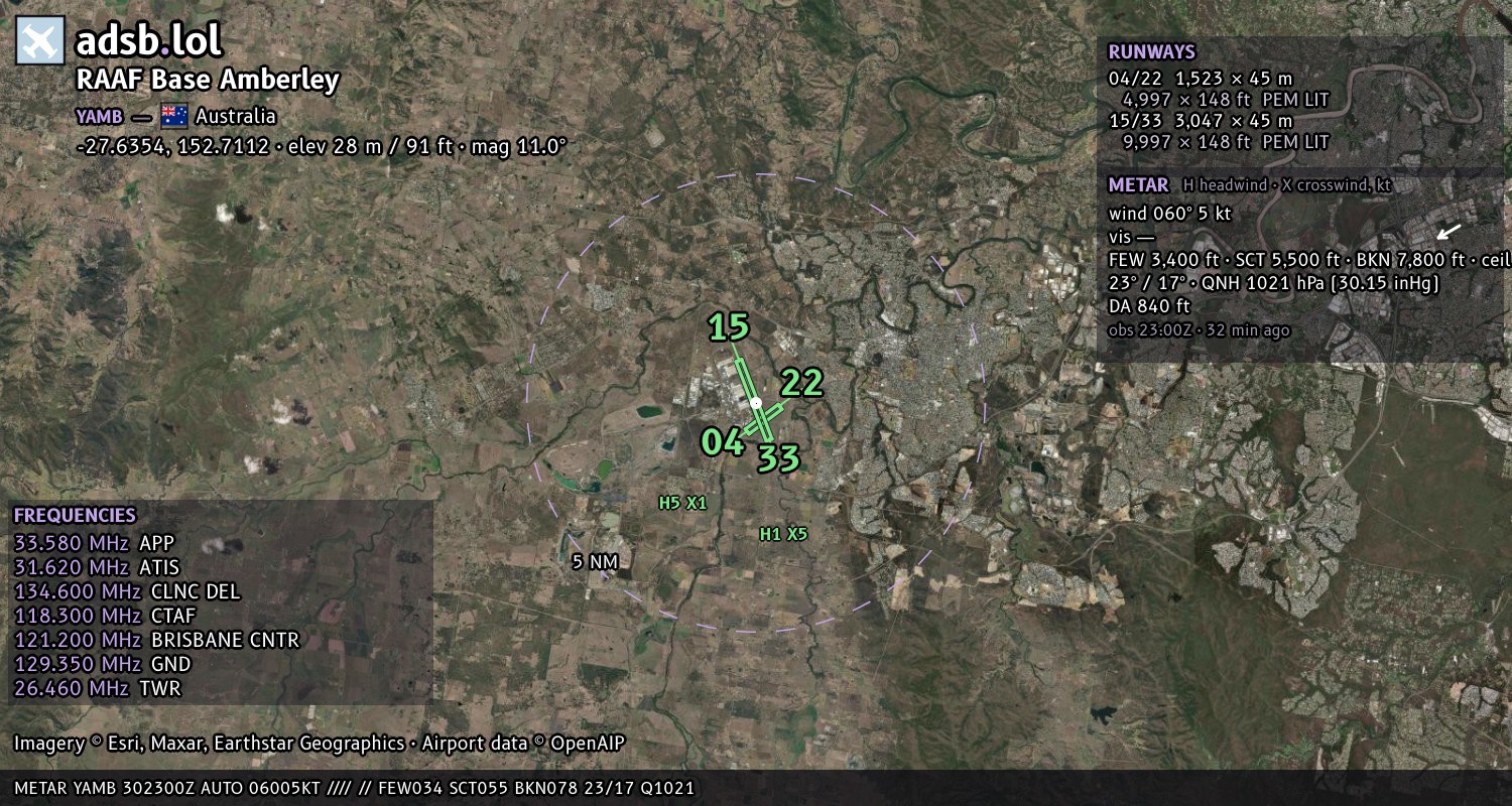 Satellite map with the runway layout of RAAF Base Amberley (YAMB)