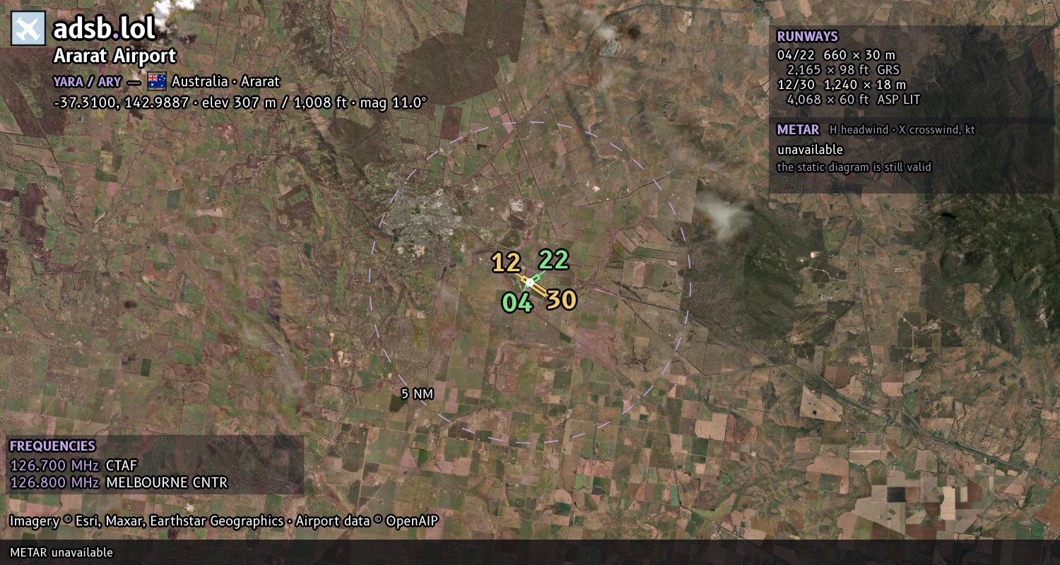 Satellite map with the runway layout of Ararat Airport (YARA)
