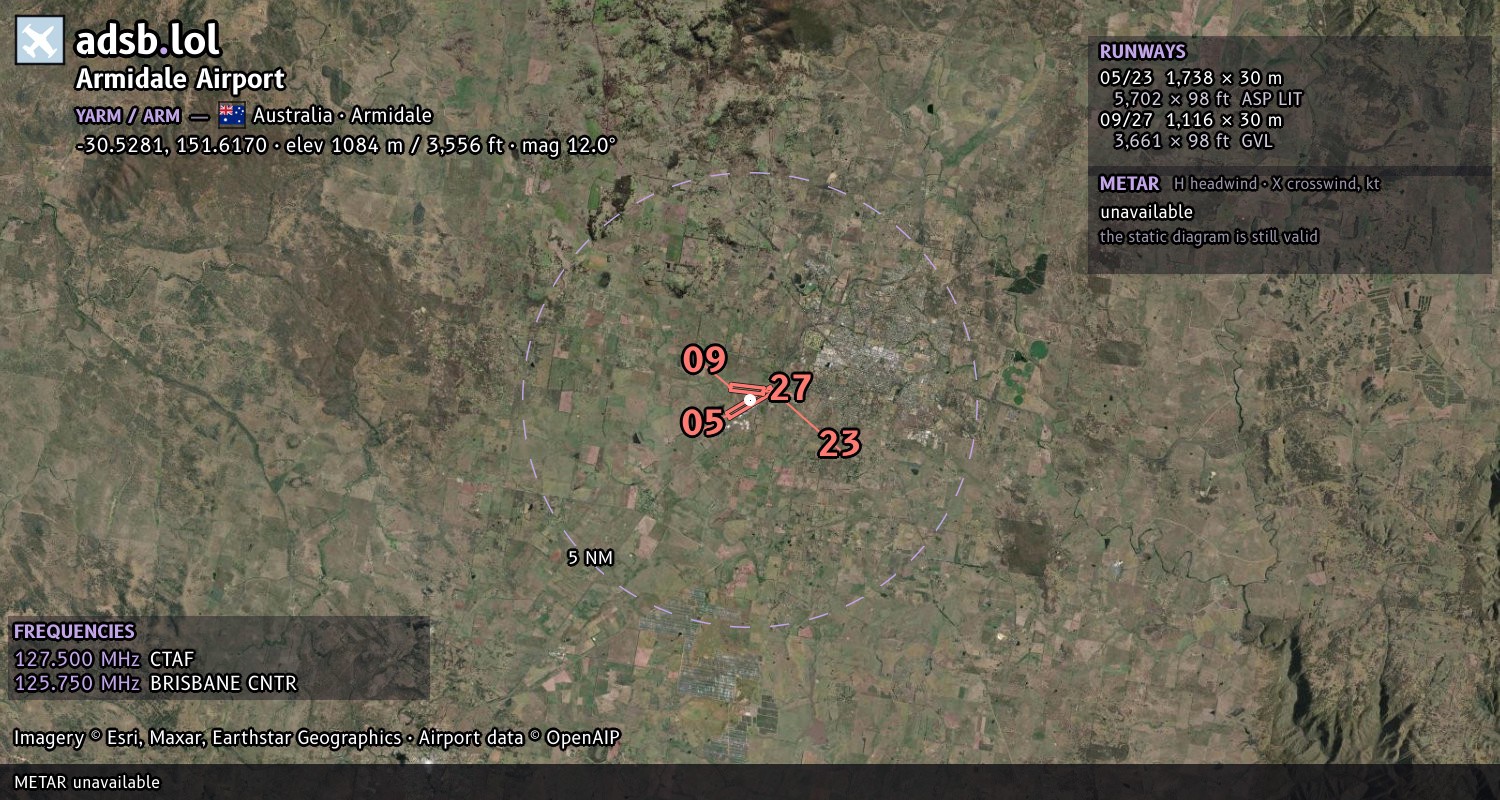 Satellite map with the runway layout of Armidale Airport (YARM)