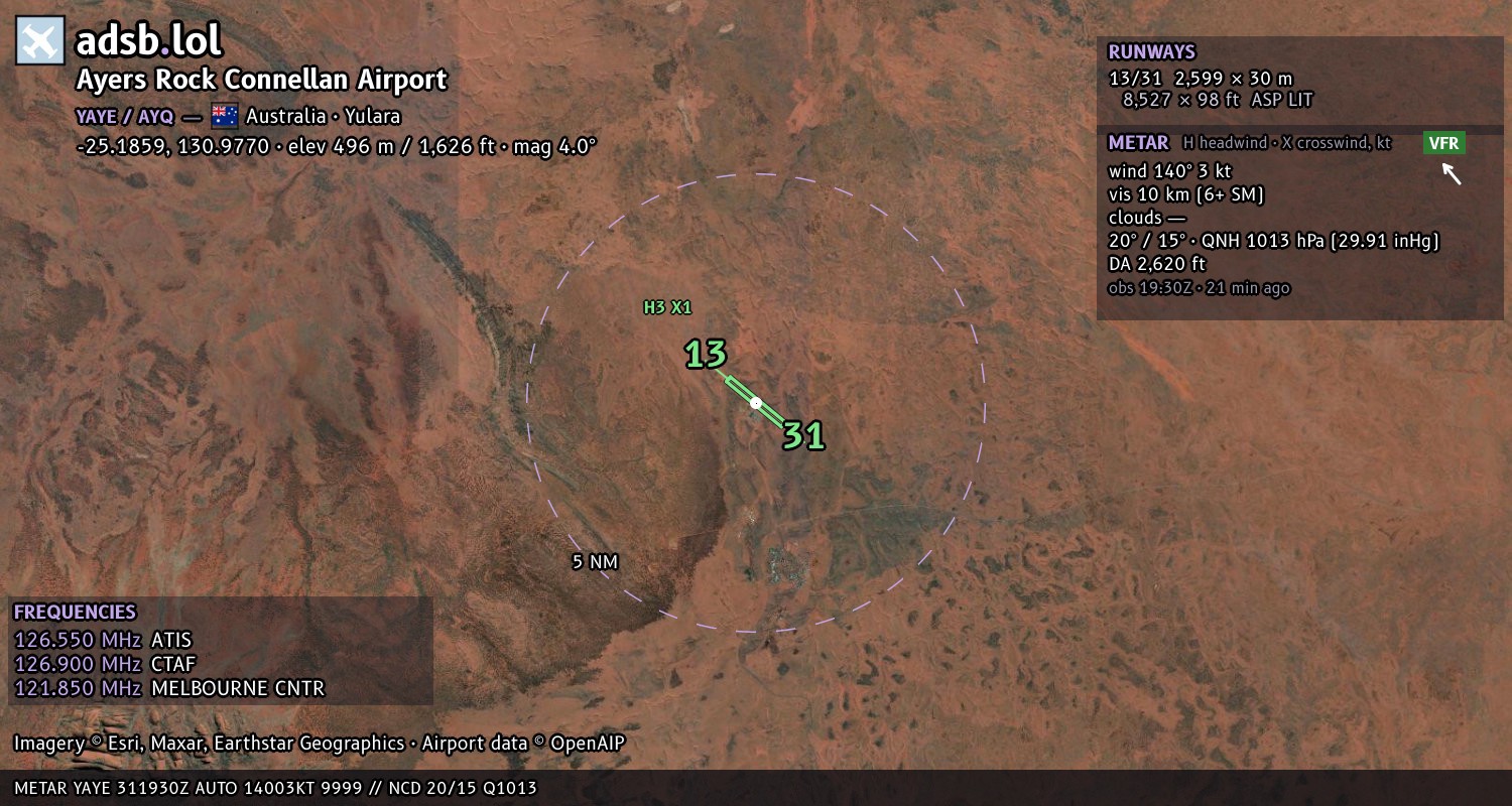 Satellite map with the runway layout of Ayers Rock Connellan Airport (YAYE)