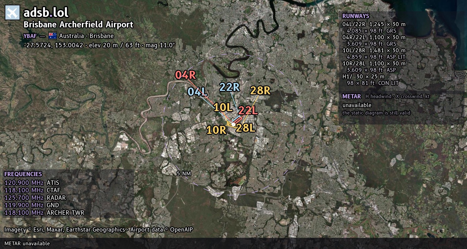 Satellite map with the runway layout of Brisbane Archerfield Airport (YBAF)