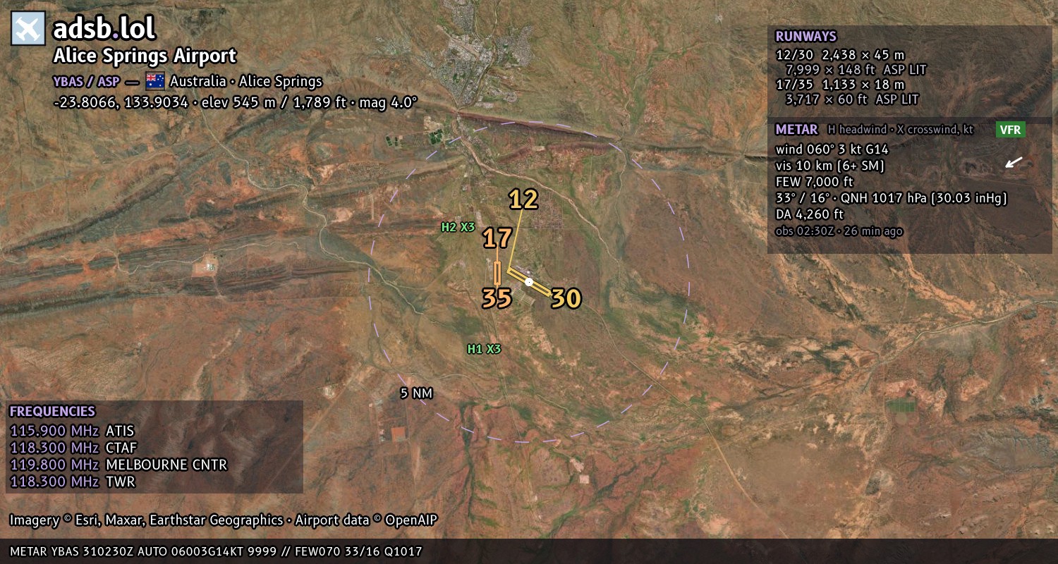 Satellite map with the runway layout of Alice Springs Airport (YBAS)