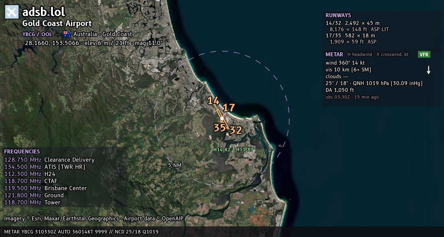 Satellite map with the runway layout of Gold Coast Airport (YBCG)