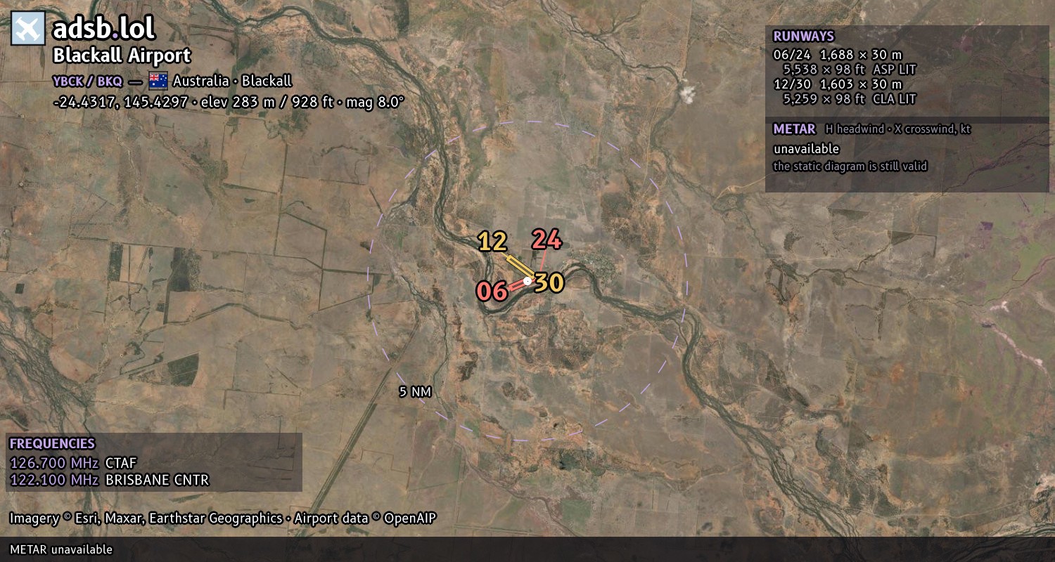 Satellite map with the runway layout of Blackall Airport (YBCK)