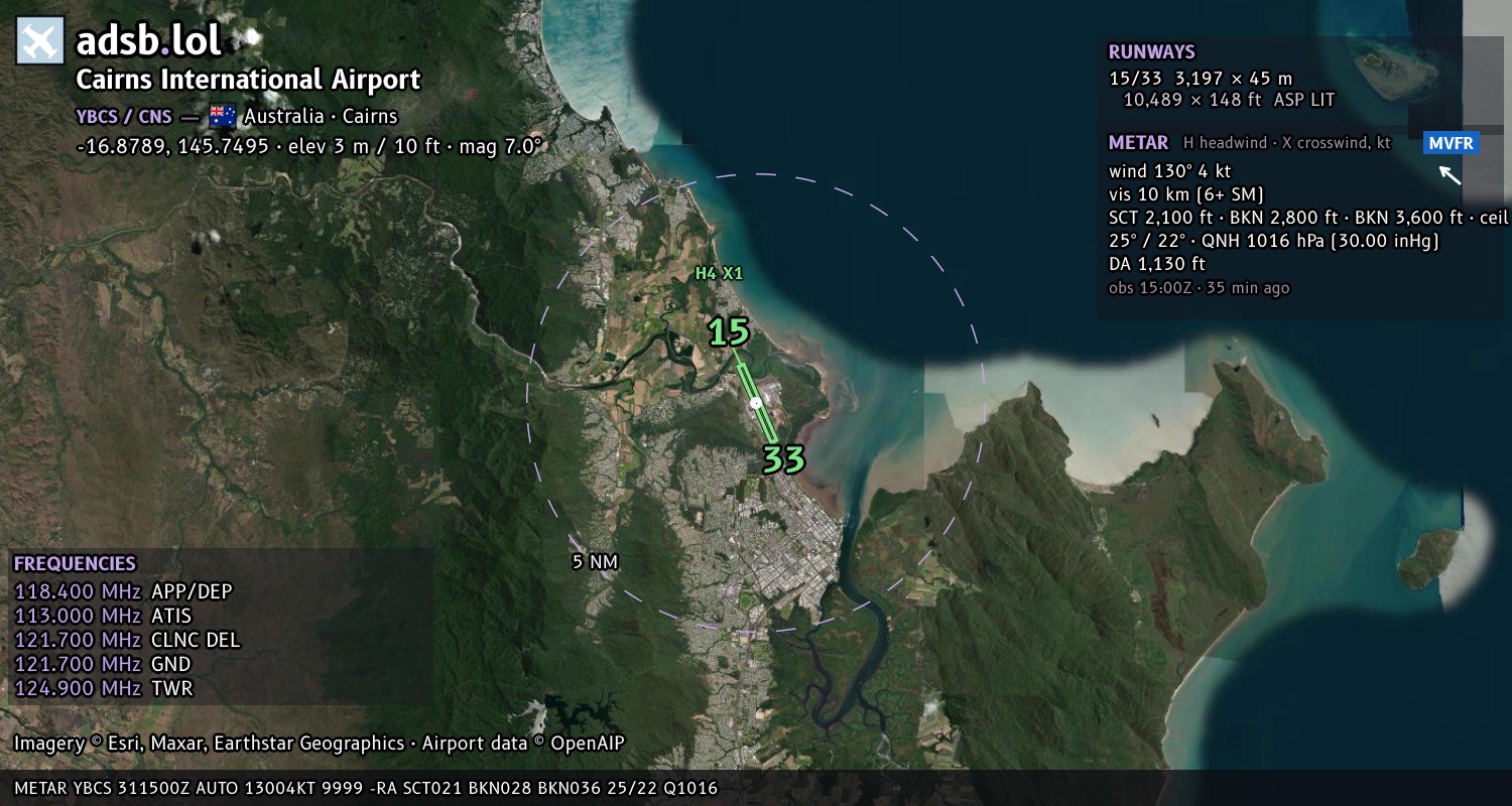 Satellite map with the runway layout of Cairns International Airport (YBCS)