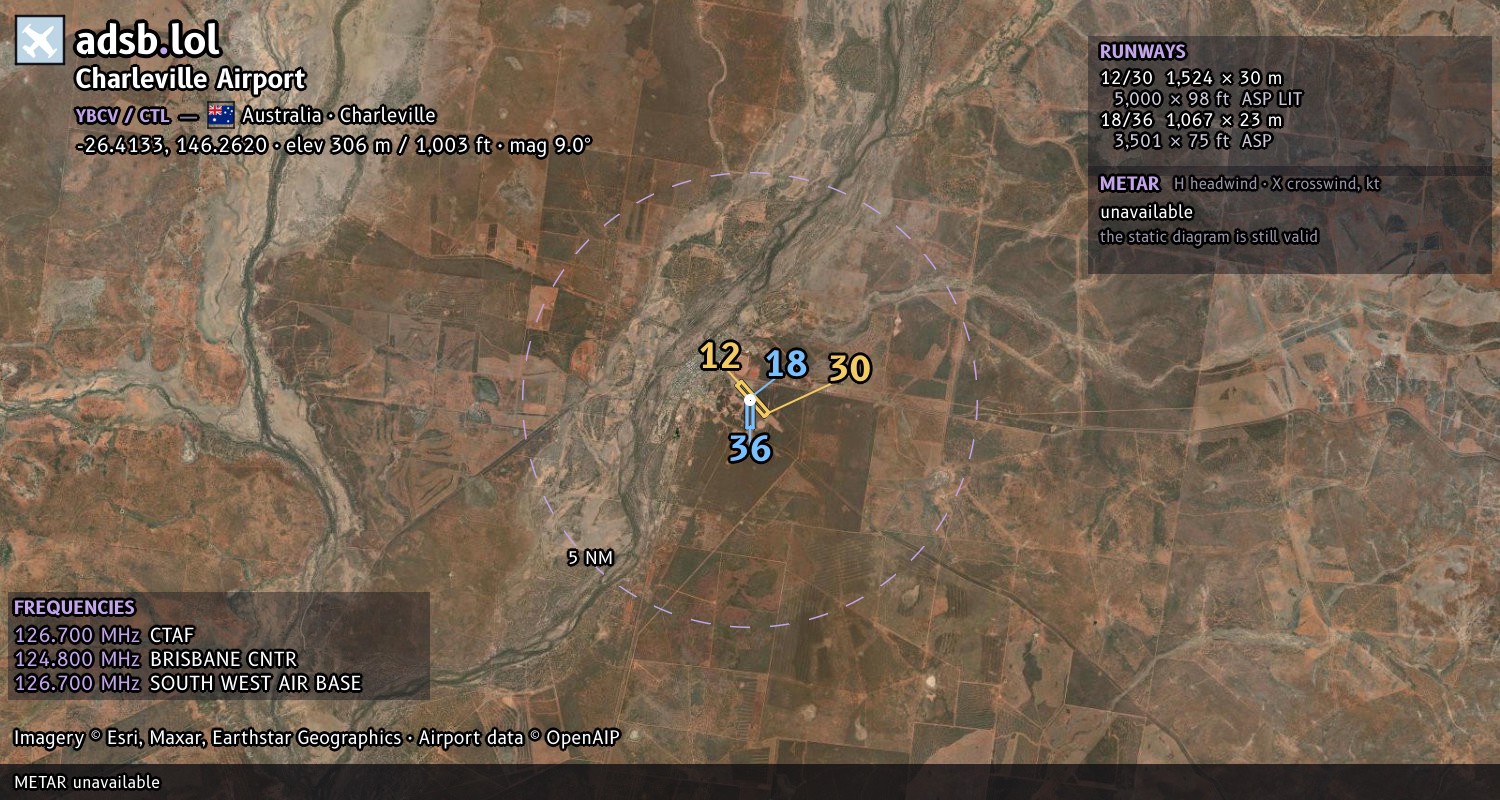 Satellite map with the runway layout of Charleville Airport (YBCV)