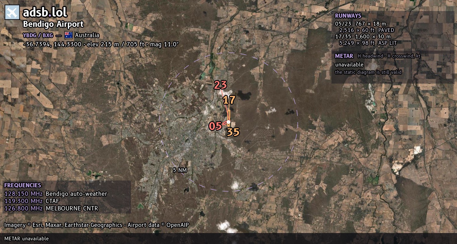 Satellite map with the runway layout of Bendigo Airport (YBDG)