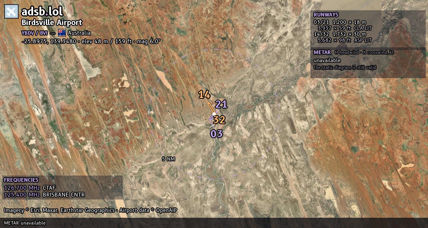 Satellite map with the runway layout of Birdsville Airport (YBDV)