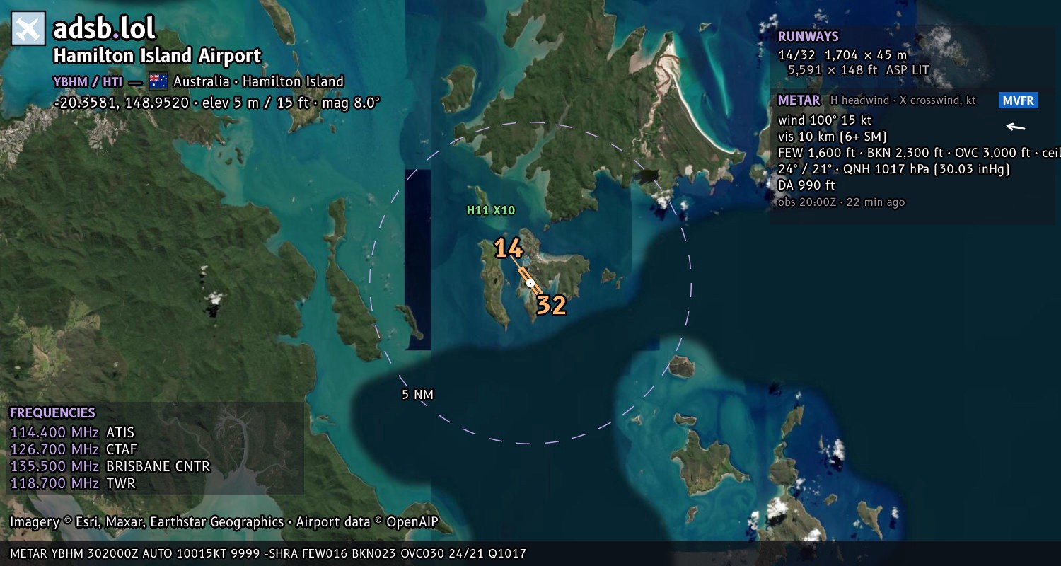 Satellite map with the runway layout of Hamilton Island Airport (YBHM)