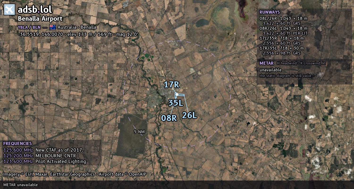 Satellite map with the runway layout of Benalla Airport (YBLA)