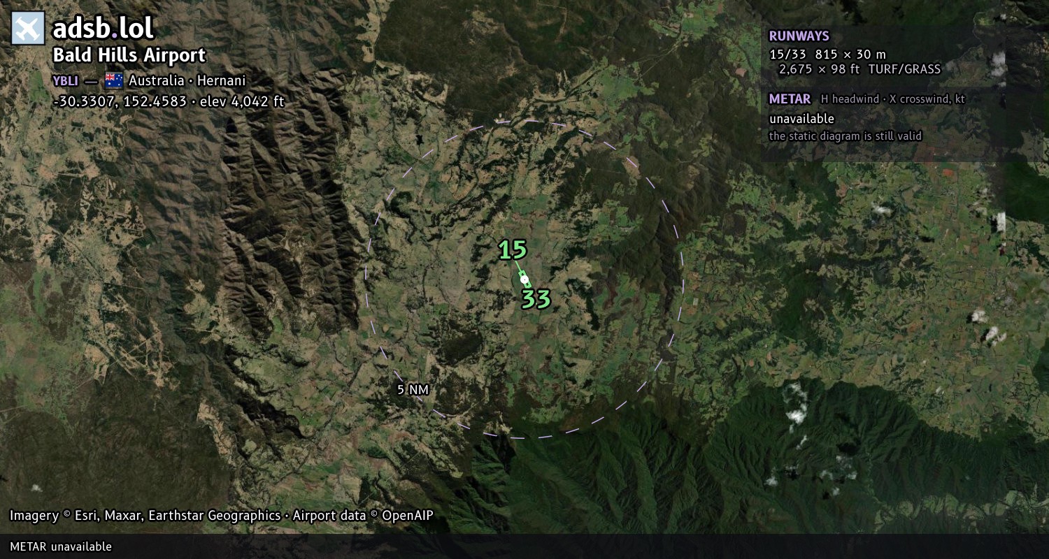 Satellite map with the runway layout of Bald Hills Airport (YBLI)