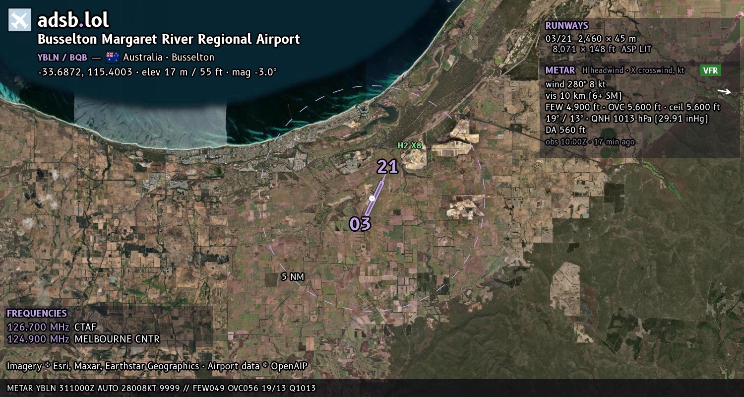 Satellite map with the runway layout of Busselton Margaret River Regional Airport (YBLN)