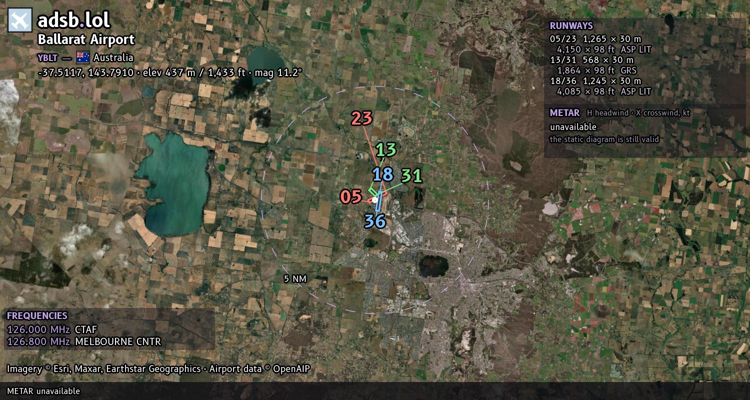 Satellite map with the runway layout of Ballarat Airport (YBLT)