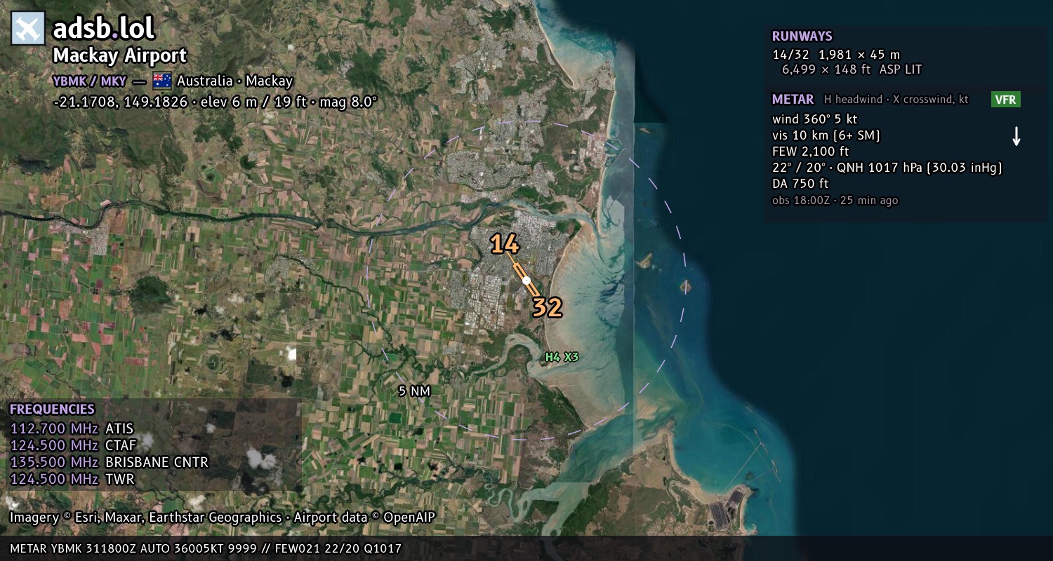 Satellite map with the runway layout of Mackay Airport (YBMK)