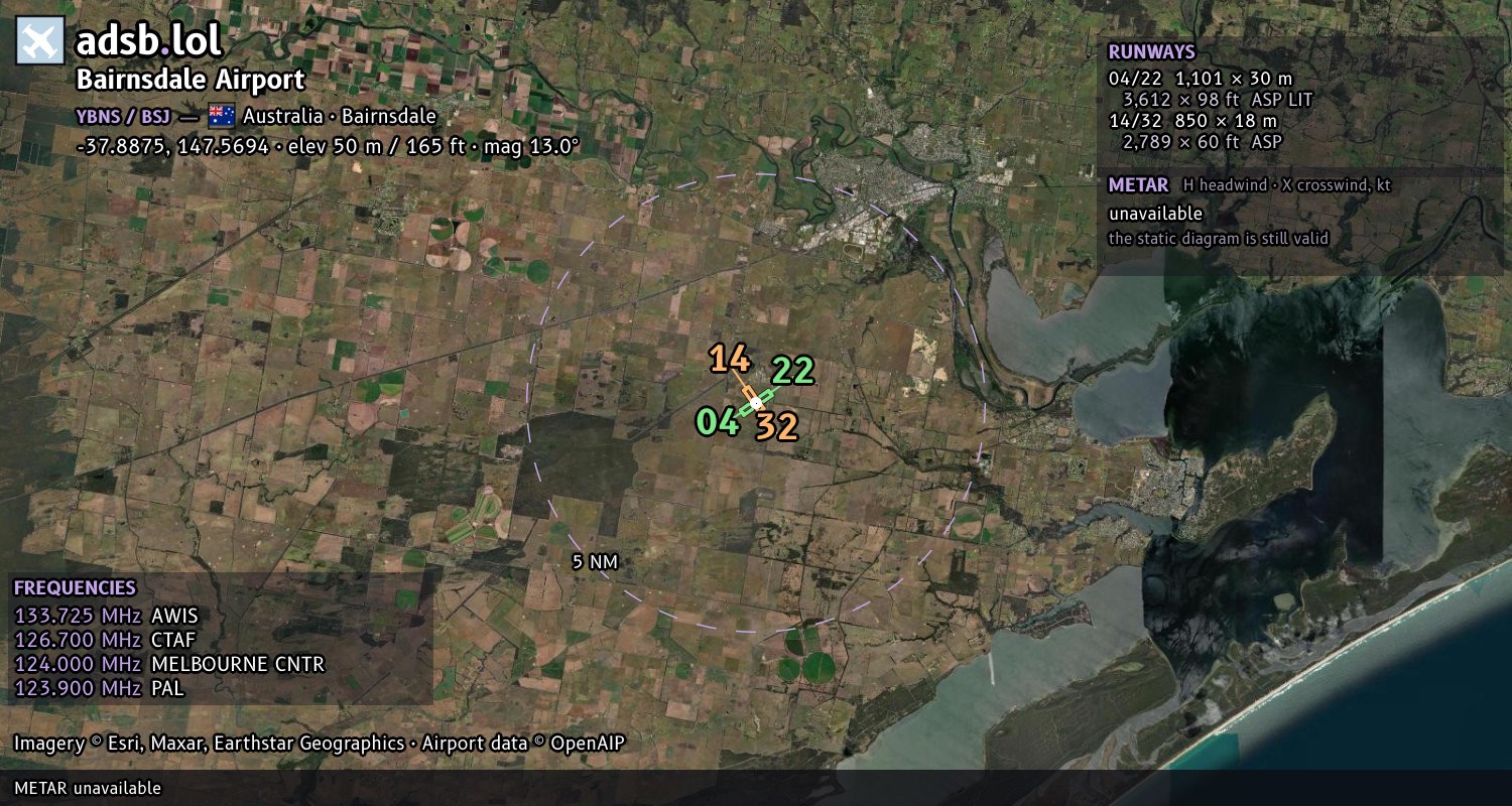 Satellite map with the runway layout of Bairnsdale Airport (YBNS)