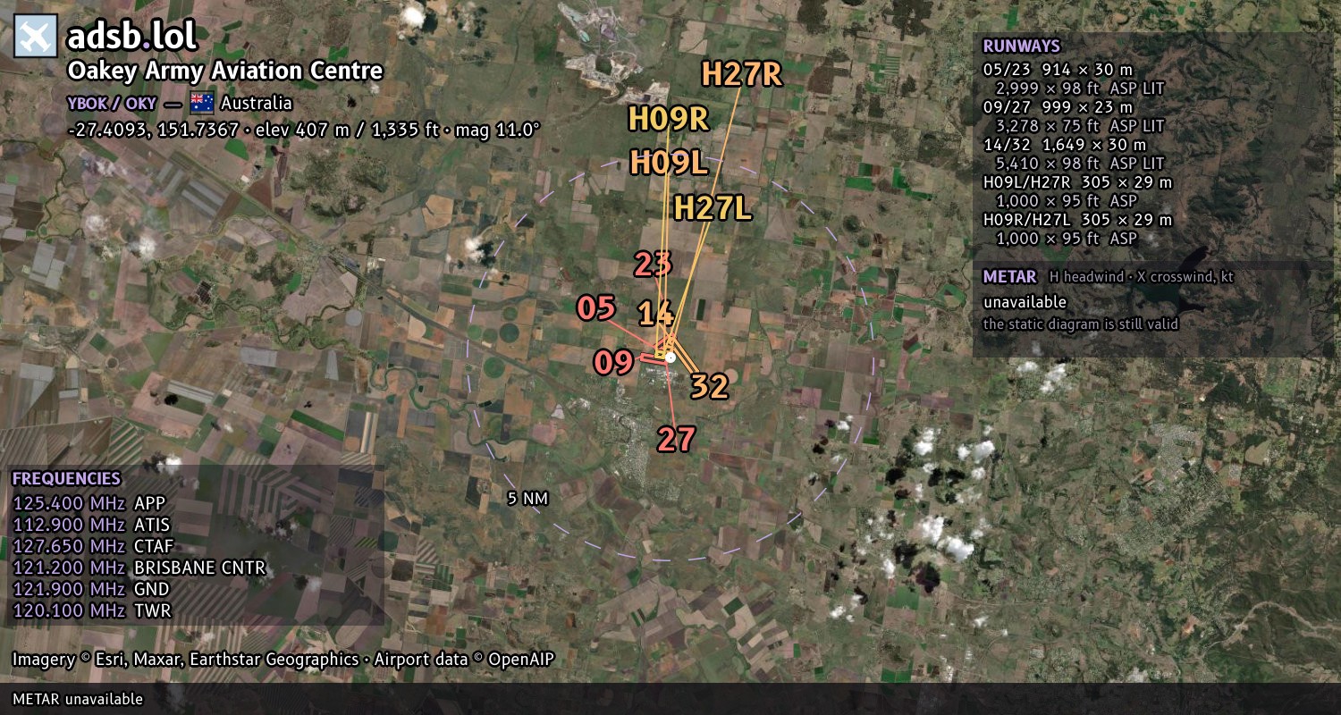 Satellite map with the runway layout of Oakey Army Aviation Centre (YBOK)