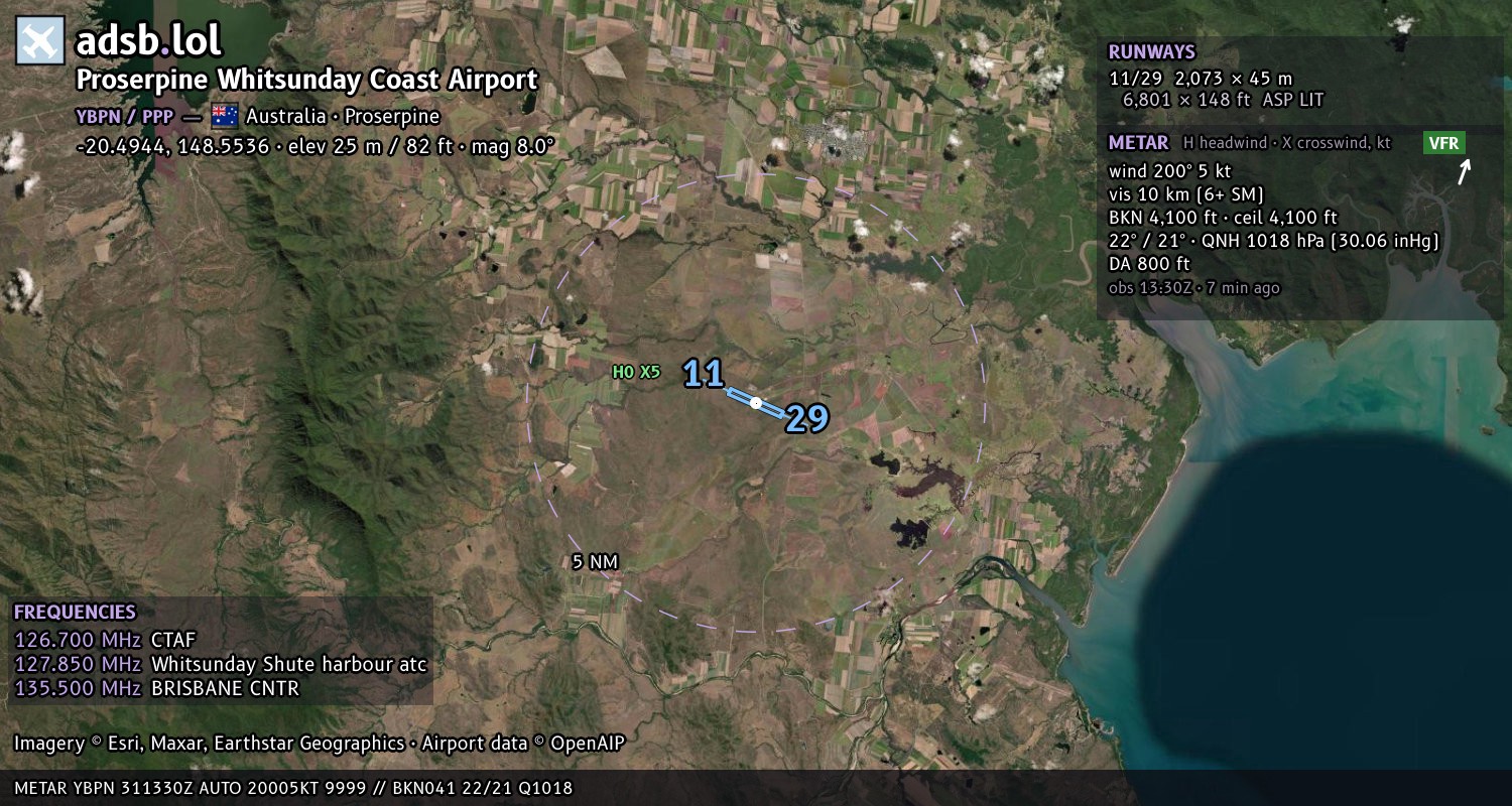 Satellite map with the runway layout of Proserpine Whitsunday Coast Airport (YBPN)