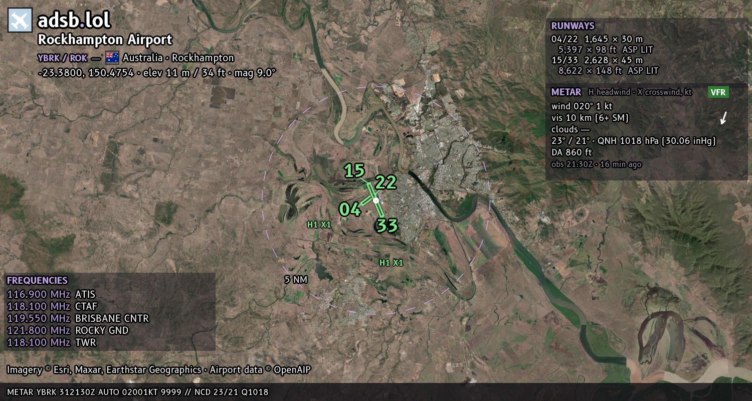 Satellite map with the runway layout of Rockhampton Airport (YBRK)