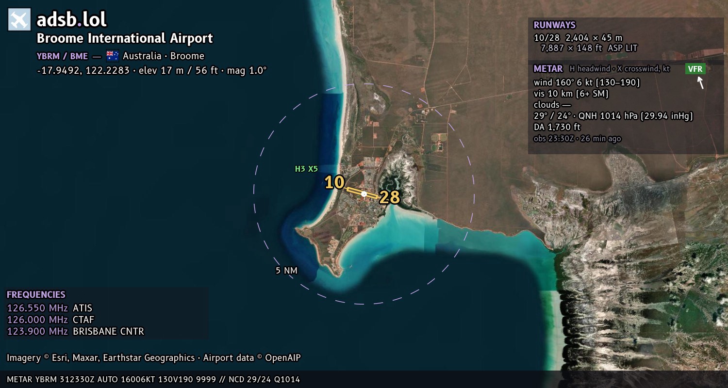 Satellite map with the runway layout of Broome International Airport (YBRM)