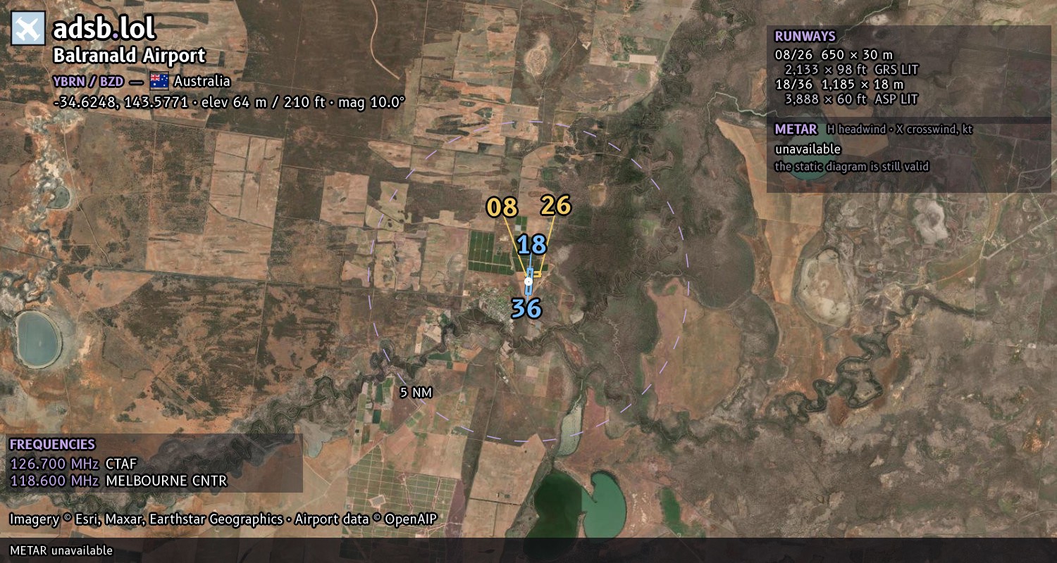 Satellite map with the runway layout of Balranald Airport (YBRN)