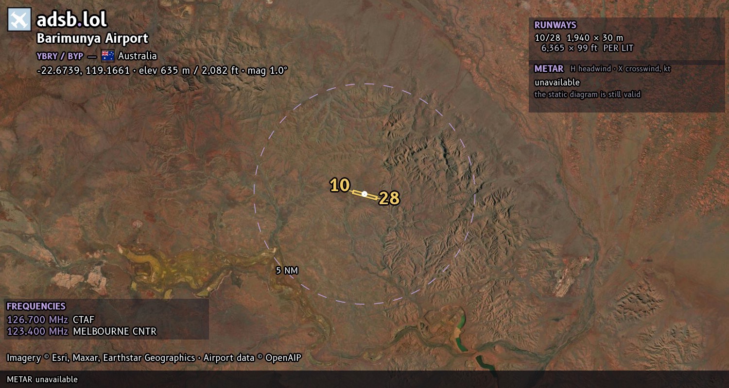 Satellite map with the runway layout of Barimunya Airport (YBRY)