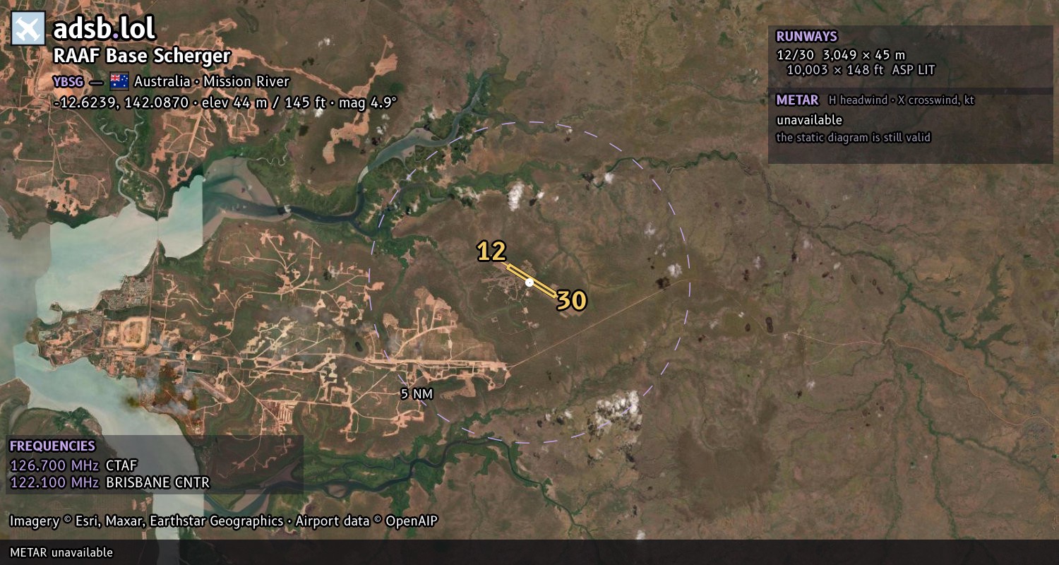 Satellite map with the runway layout of RAAF Base Scherger (YBSG)