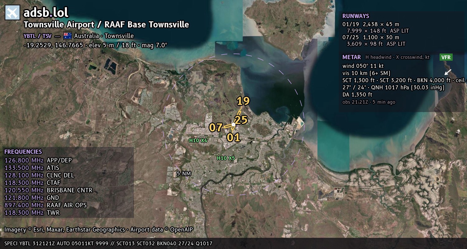 Satellite map with the runway layout of Townsville Airport / RAAF Base Townsville (YBTL)