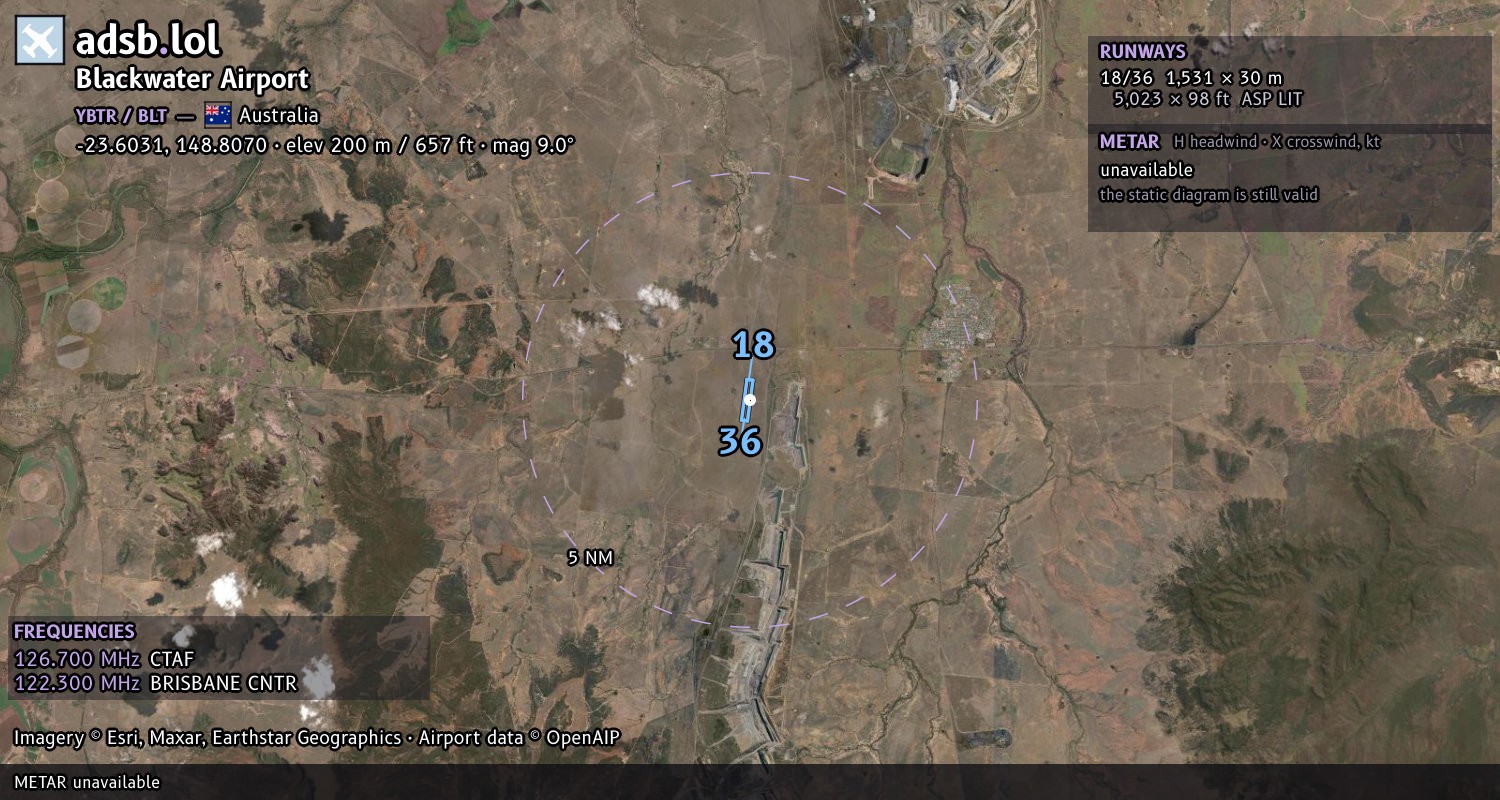 Satellite map with the runway layout of Blackwater Airport (YBTR)