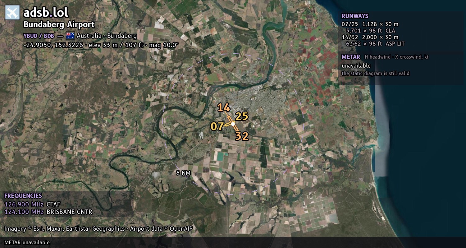 Satellite map with the runway layout of Bundaberg Airport (YBUD)